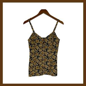VTG Chiffon Button Front Tank Top Yellow Black Floral Sleeveless Fitted 90s Sz 6